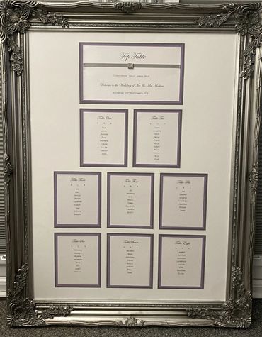 Wedding Table/Seating Plan with Silver Ribbons mounted inside a Silver Frame.