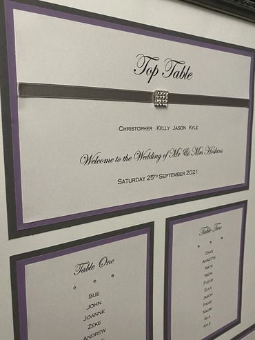 Wedding Table/Seating Plan with Silver Ribbons mounted on a purple and silver backing.