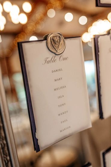 Wedding Table/Seating Plan card, with blue backing, mounted on a mirror with a wax seal.