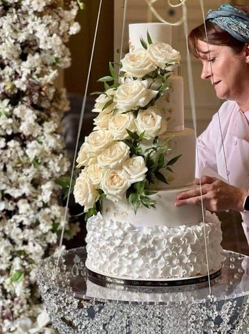 Multiple tiered Wedding Cake with white rose flowers