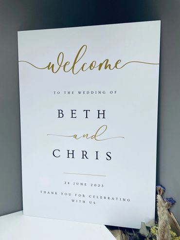 Foamex Welcome Board Wedding Sign with Black & Gold Text