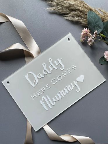 Acrylic Wedding Sign Painted grey with White Vinyl lettering and a gold ribbon