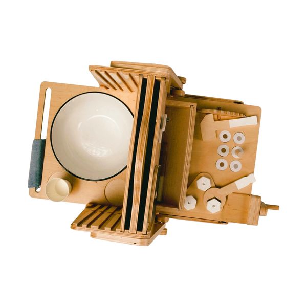 Wooden kitchen and bathroom playset with utensils and bowls for kids.