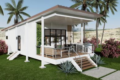 Casa moderna pequeña con terraza y plantas alrededor.