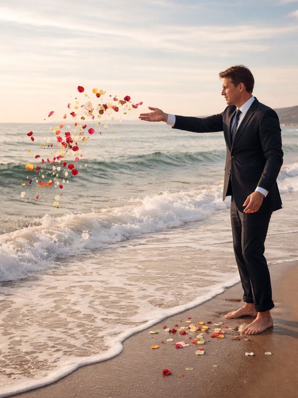 Man in suit scattering flower petals on a beach at sunset.