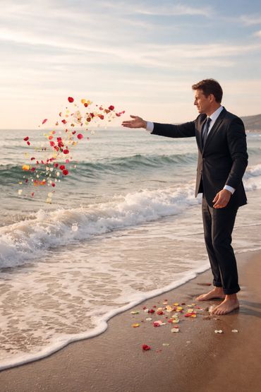 Man in suit scattering flower petals on a beach at sunset.
