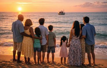 Three generations of a family watching the sunset at the beach together.