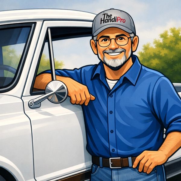 Smiling handyman leaning on a white truck, wearing a cap with 'The HandiPro' logo.