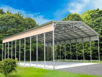 Large metal carport structure with a roof and no walls.