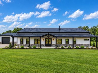 Modern farmhouse with black roof and large lawn