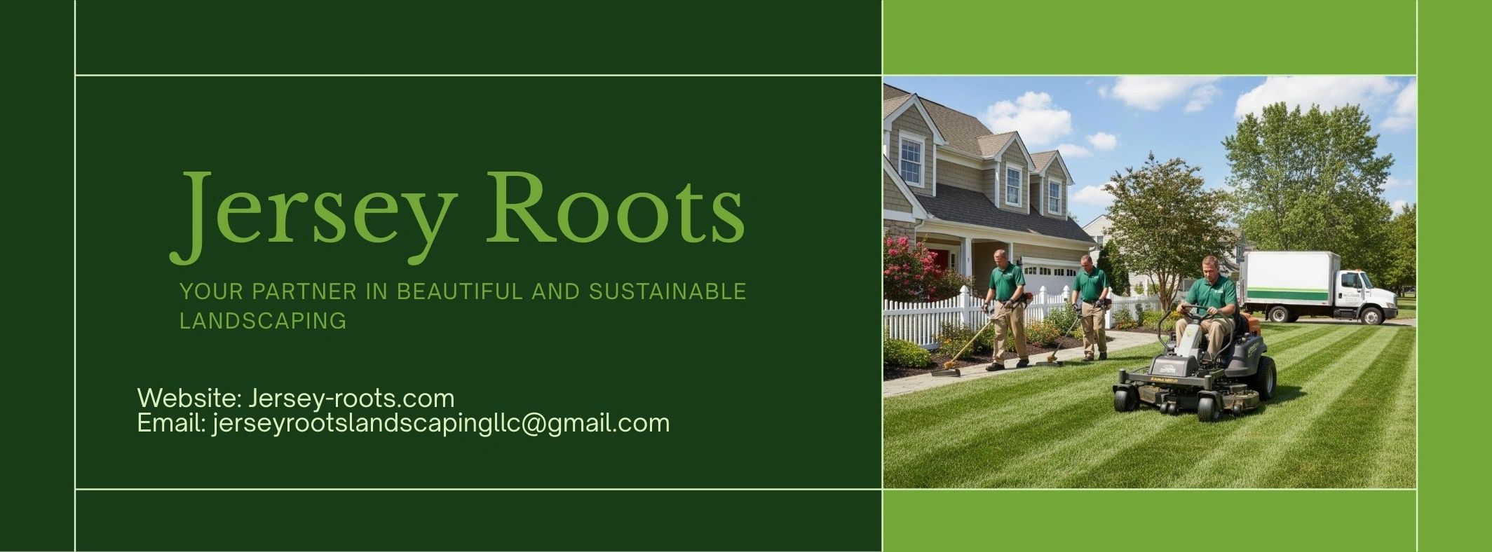 Professional landscapers mowing and trimming a lawn in front of a house.