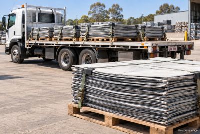 Flatbed truck carrying metal sheets and pallets of sheets on the ground.