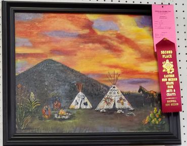 Painting of Native American scene with teepees and sunset, winning second place at New Mexico State Fair.