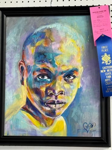 Vibrant abstract portrait of a young person, awarded first place at an art fair.