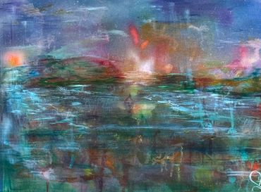 Abstract painting with vibrant colors and ethereal atmosphere.