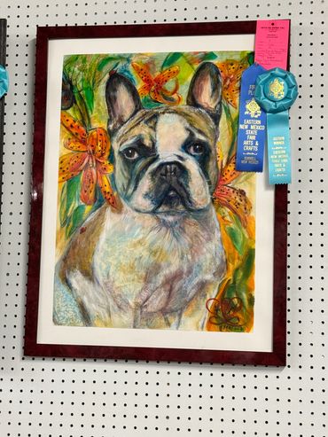 Framed painting of a bulldog with orange flowers, awarded first place at Eastern New Mexico State Fair.