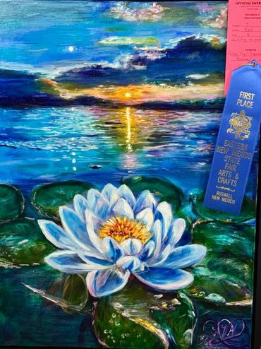 Vibrant water lily painting wins first place at New Mexico State Fair.