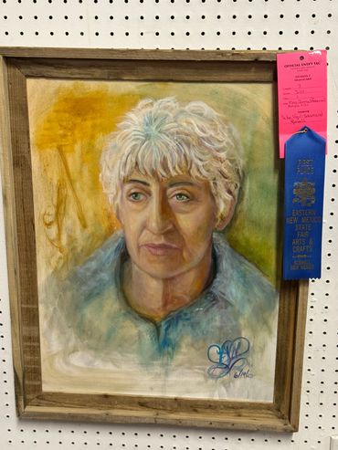 Award-winning portrait painting of an elderly woman with white hair.