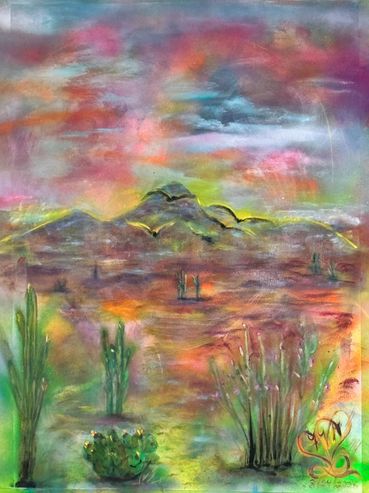 Abstract painting of a colorful desert landscape with mountains and cacti.