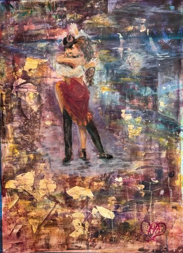 Abstract painting of a couple embracing passionately with vibrant colors and gold accents.