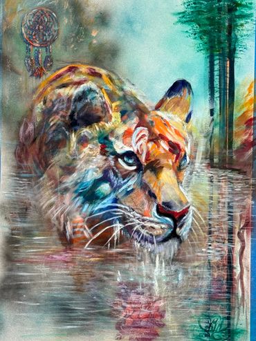 Colorful tiger painting with dreamcatcher and forest background.
