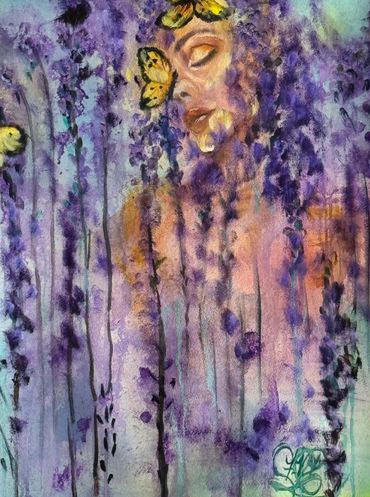 A dreamy portrait of a woman surrounded by purple flowers and yellow butterflies.