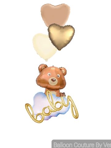Foil Teddy bear  on clouds with neutral heart balloons gift delivery for welcome newborn baby