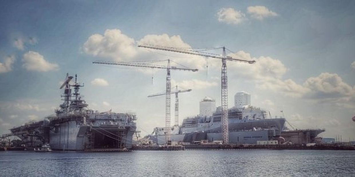 2 huge navy ships docked at Newport News shipyard. Newport News VA.