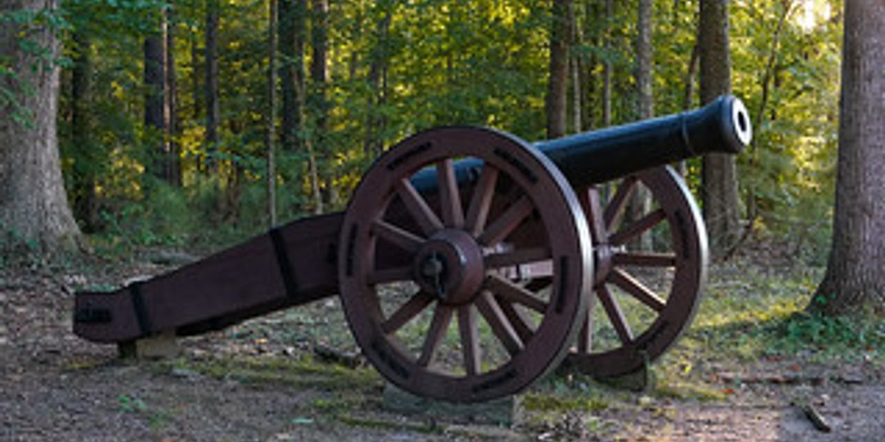 Revolutionary war cannon in woods in Yorktown VA.