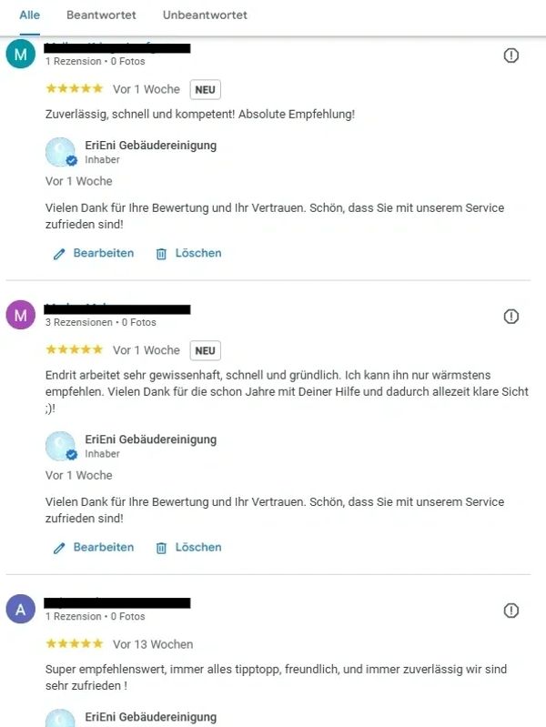 5-Sterne Kundenbewertungen für EriEni Gebäudereinigung