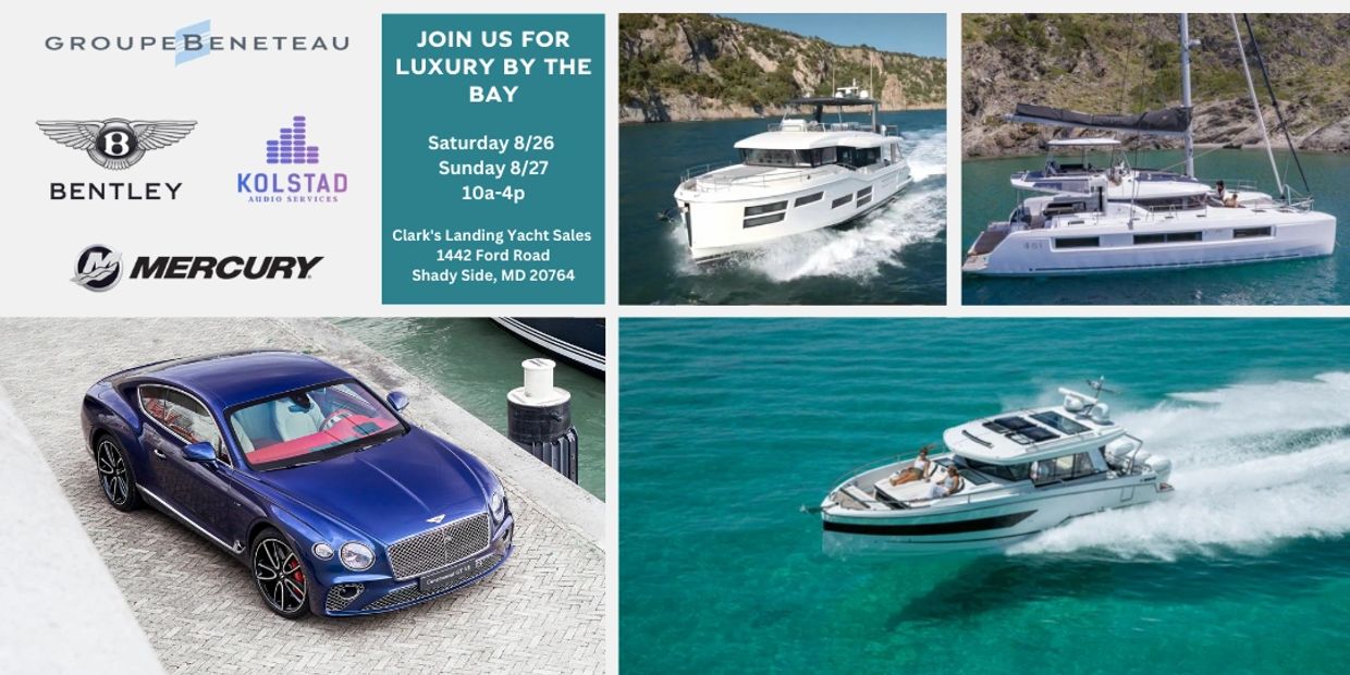 Luxury cars and yachts showcased for a bay event.