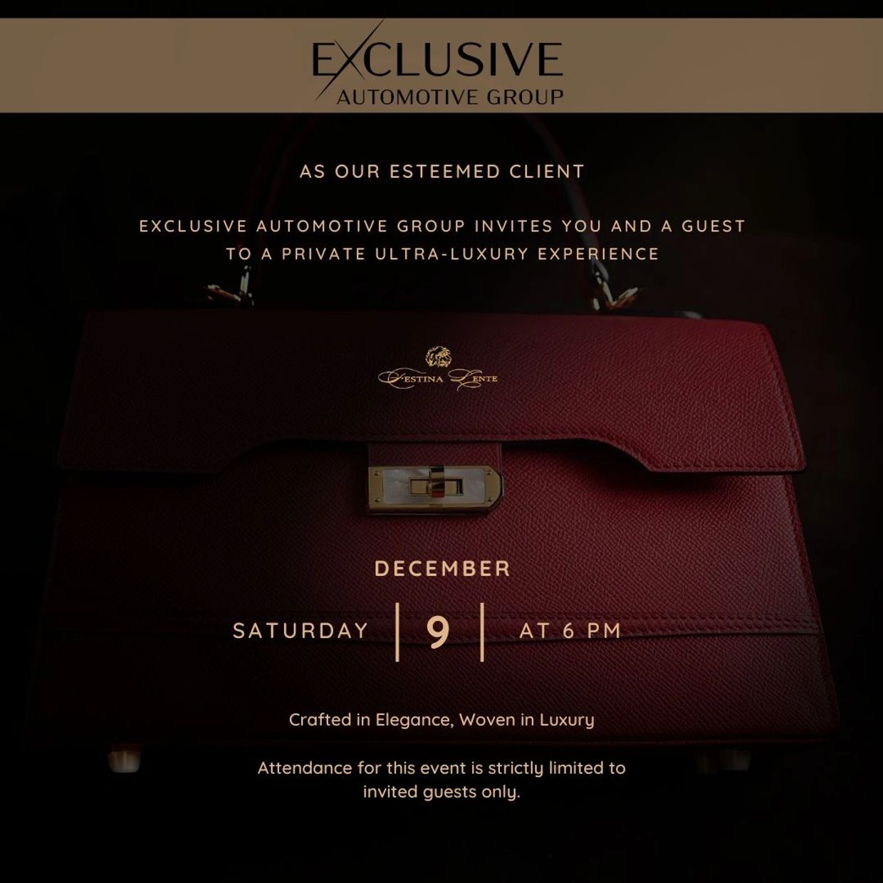 Invitation to an exclusive luxury event by Exclusive Automotive Group on December 9th at 6 PM.