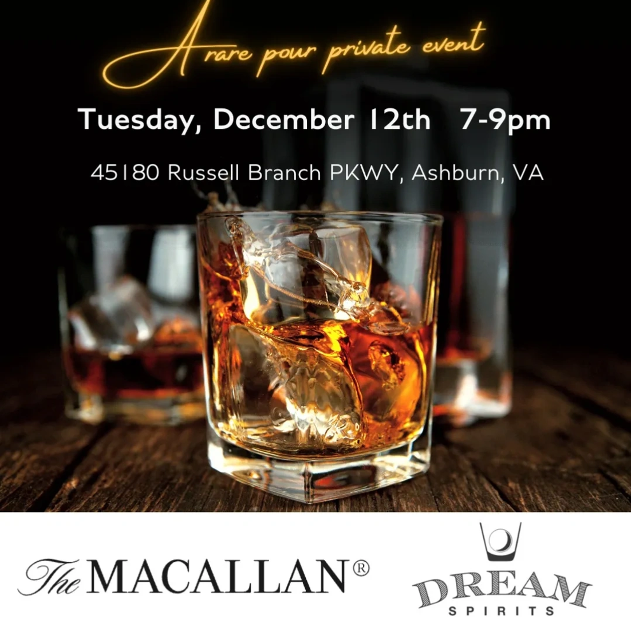 Invitation to a private Macallan whiskey event on December 12th in Ashburn, VA.