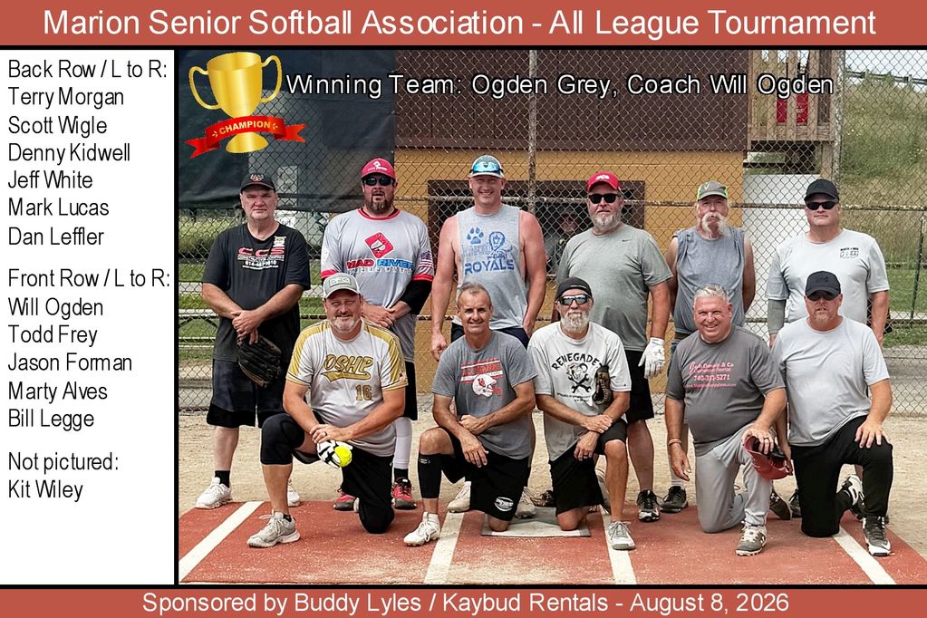 Marion Senior Softball Association winning team photo at All League Tournament.