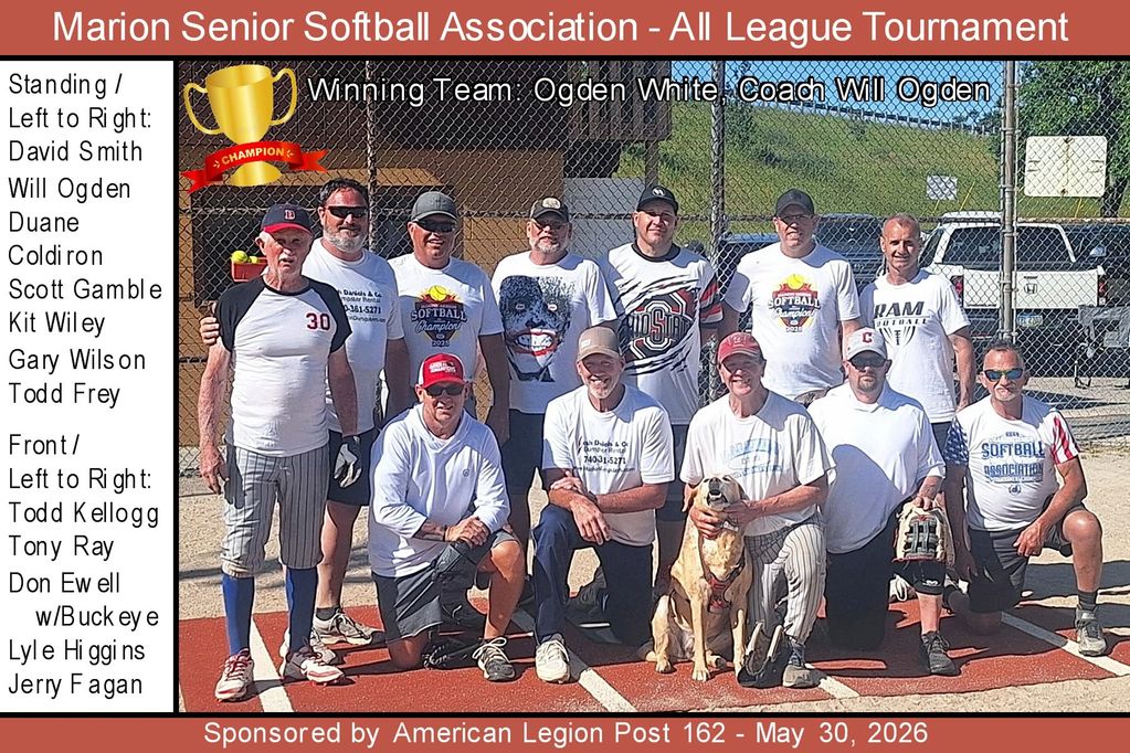 Marion Senior Softball Association 2026 All League Tournament winning team photo.