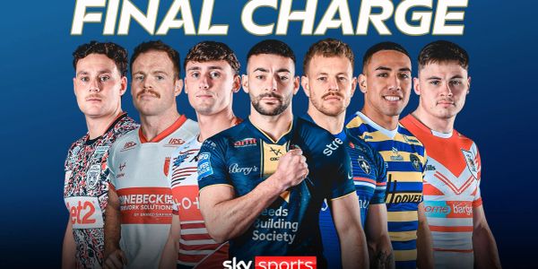 Seven rugby players in team jerseys posing under 'FINAL CHARGE'.