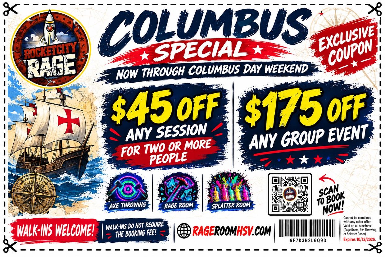 Columbus special offer at Rocket City Rage with discounts on sessions and group events.