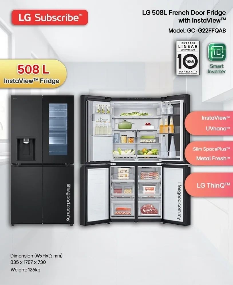 LG 508L InstaView French Door Fridge GC-G22FFQQAB with UVnano Smart Inverter Malaysia