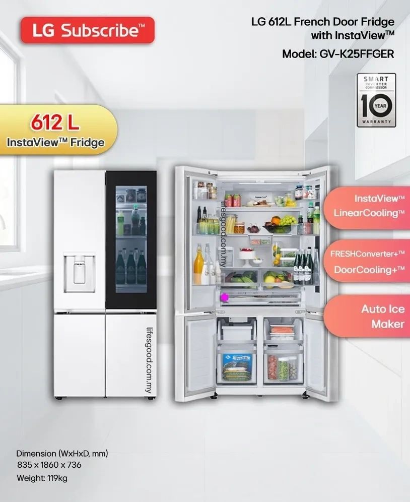 LG 612L InstaView French Door Fridge GV-K25FFGER with Auto Ice Maker Malaysia