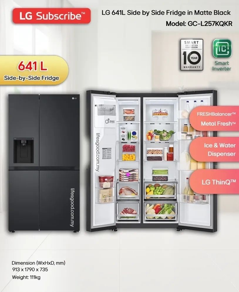 LG 641L Side by Side Fridge GC-L257KQKR Smart Inverter Ice & Water Dispenser Malaysia