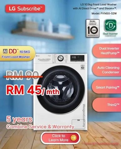 LG 10.5kg Front Load Washing Machine AI Direct Drive Steam Plus FV1450S2W Malaysia Subscribe Plan