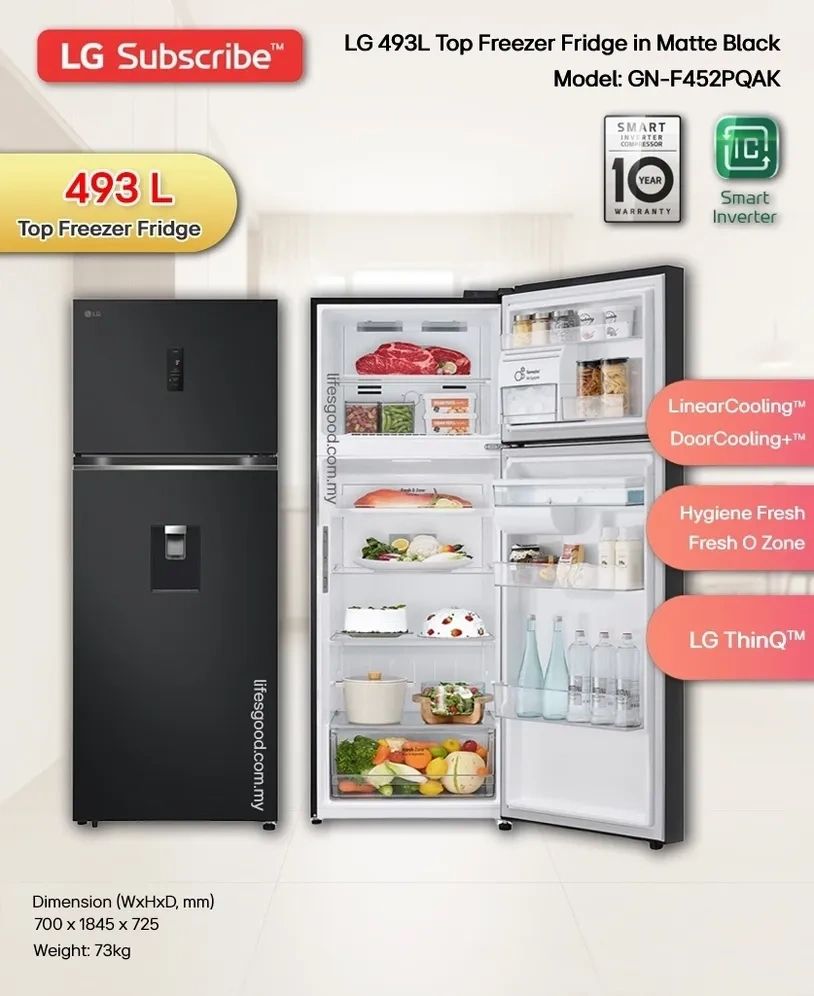 LG Subscribe 493L Top Freezer Fridge GN-F452PQAK Matte Black with Smart Inverter Malaysia