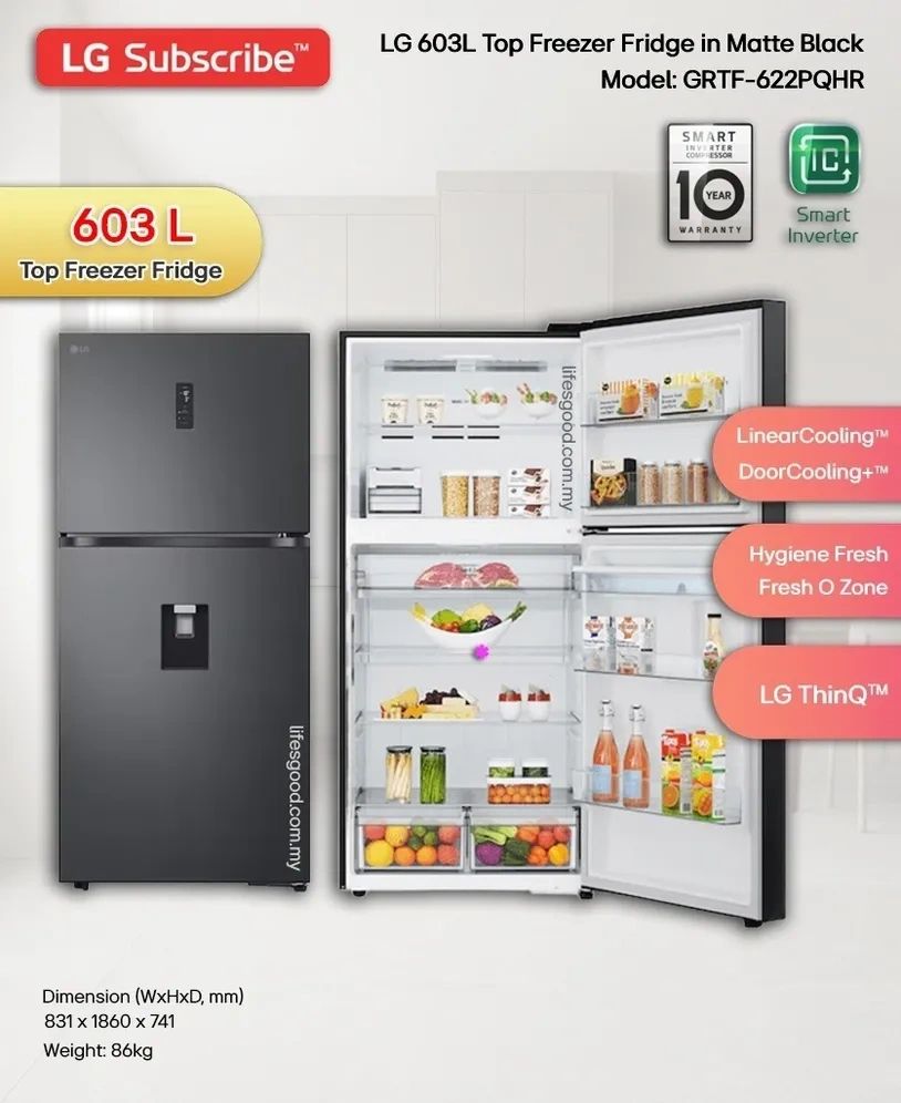 LG Subscribe Malaysia 603L Top Freezer Fridge Matte Black GRTF-622PQHR with Smart Inverter, DoorCool