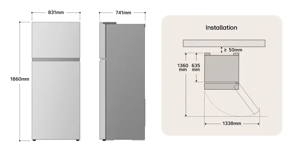 LG GRTF-622PQHR Dimensions and Installation Clearance Guide Malaysia