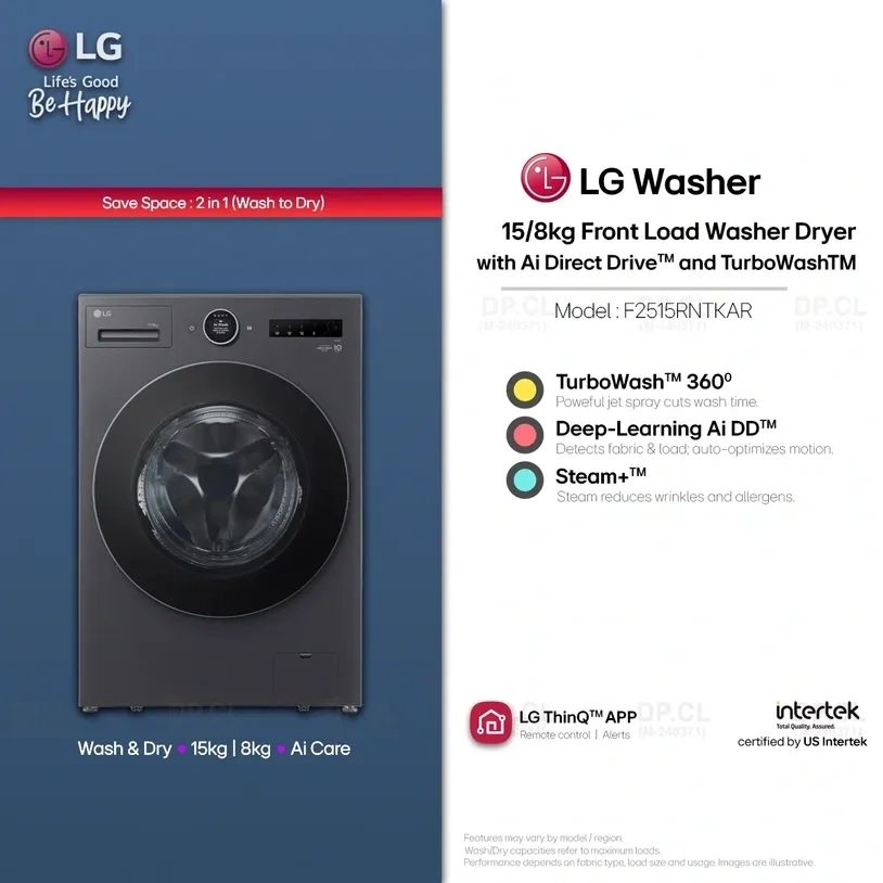 LG 15/8kg front load washer dryer with TurboWash and AI Direct Drive.
