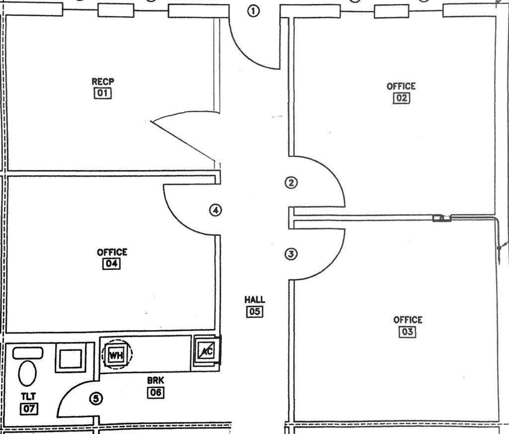 4 private offices, restroom, and kitchenette.