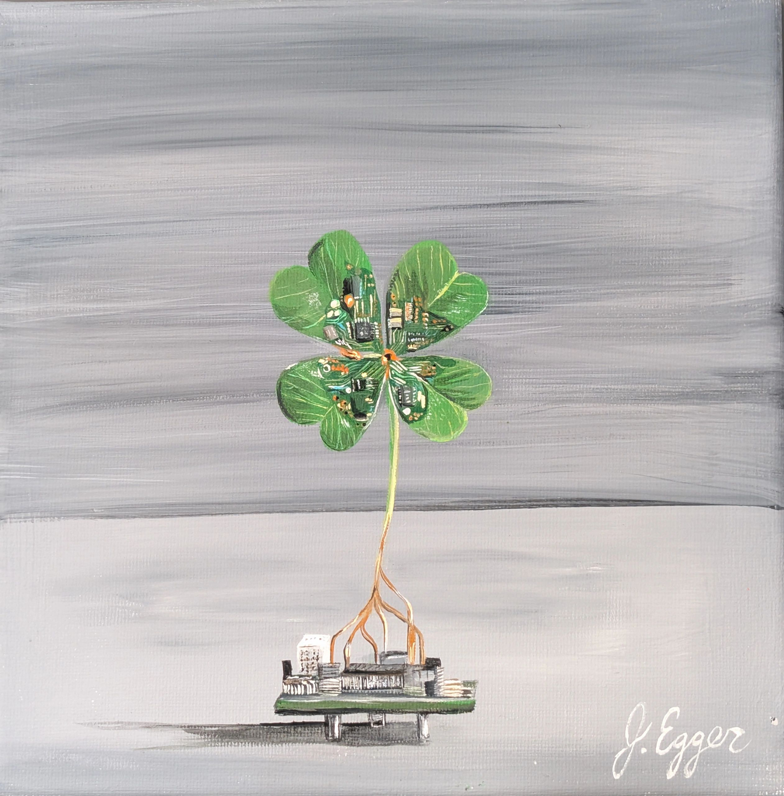 Painting of a four-leaf clover with circuit board leaves growing from a computer base.
