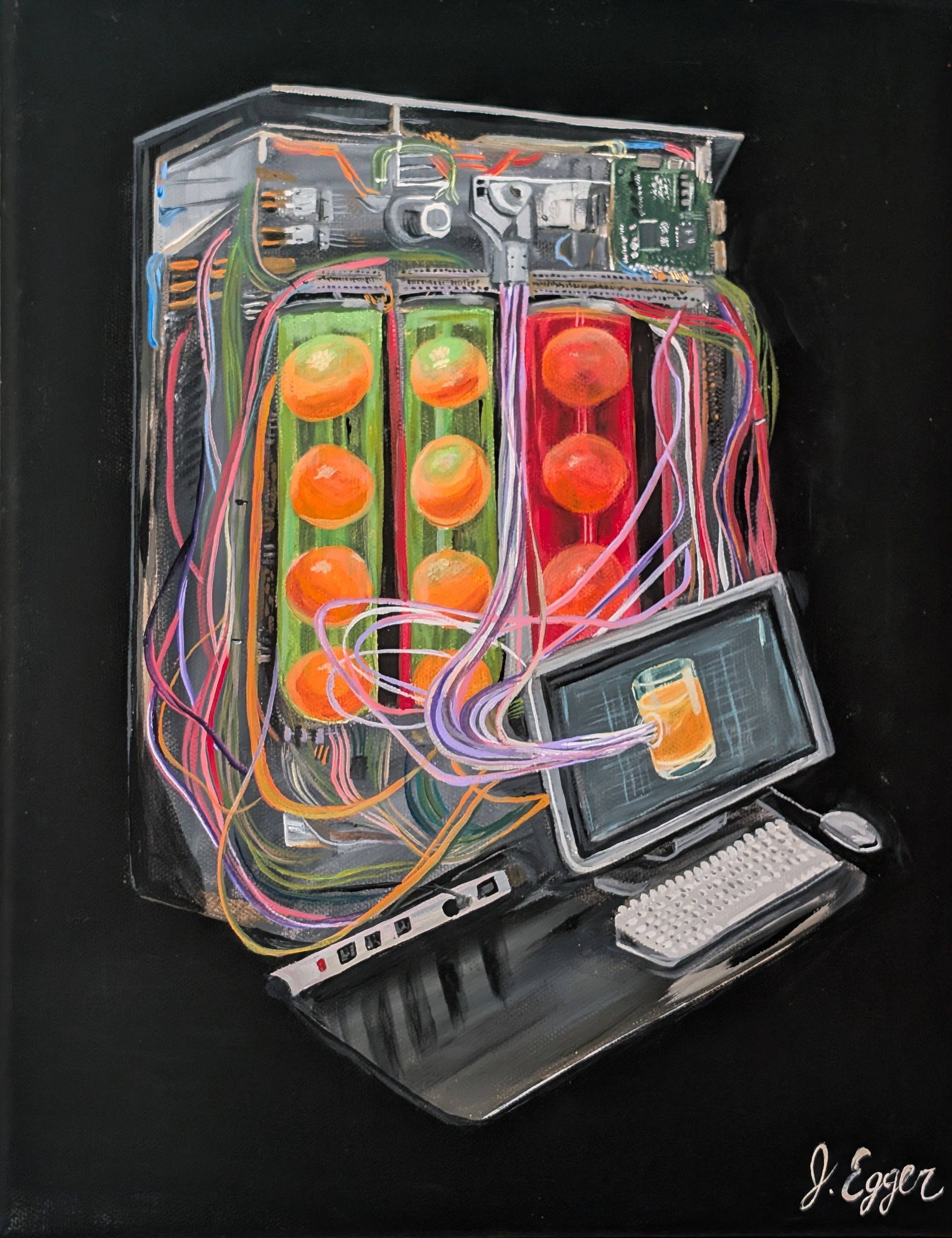 Painting of a laptop with its internal components and wires exposed, showing colorful circuitry.