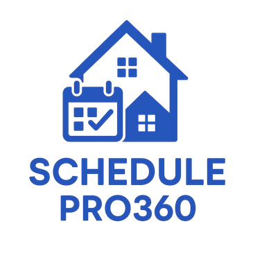 Logo with house and calendar icon with checkmark, text Schedule Pro360.