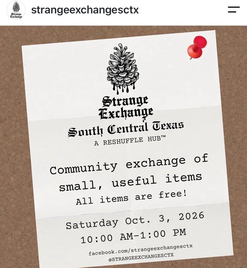 Flyer for Strange Exchange community event in South Central Texas, Oct 3, 2026.